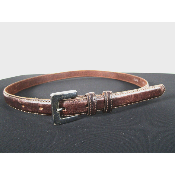 ANOTHER LINE Brown Leather Dark Silver Buckle Skinny Belt Women Sz S, 26"-30" - Picture 1 of 7